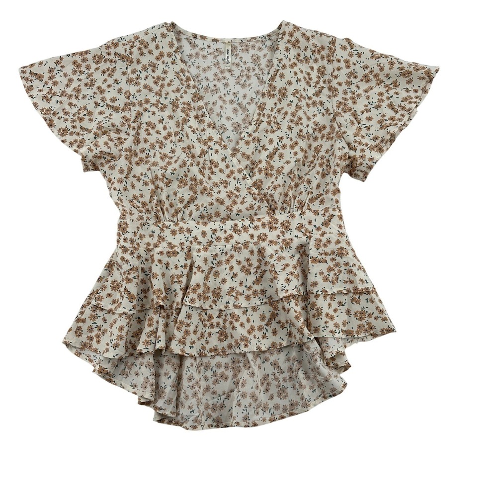 New Mode USA Floral Print Flutter Sleeve V Neck Ruffle Peplum Top Women's 1XL